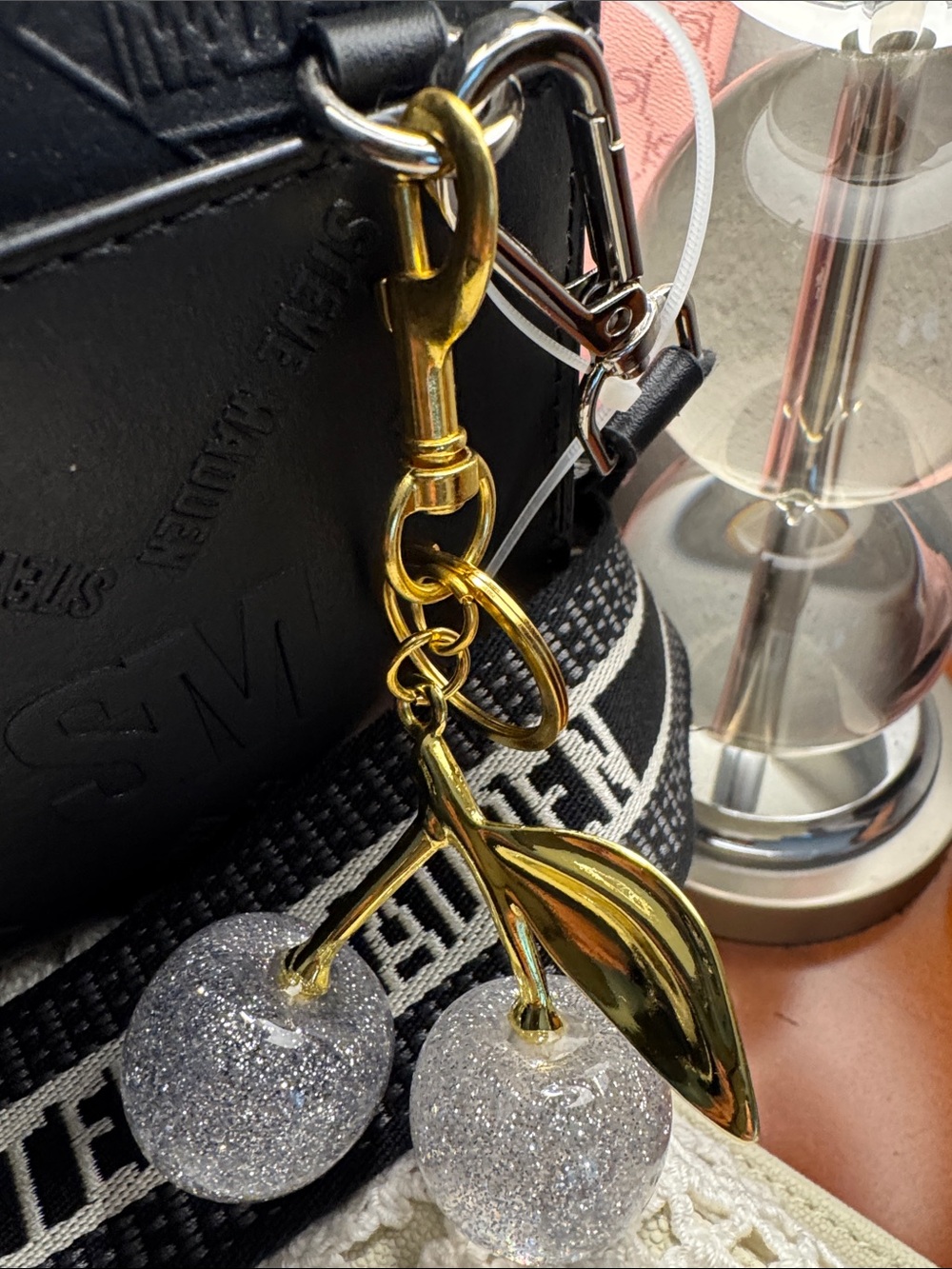 Silver Sparkling Cherry Keychain Bagcharm with Gold Hardware NWOT - Picture 3 of 4